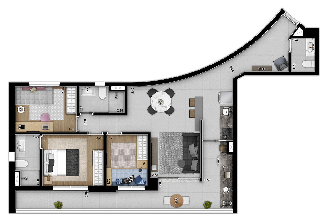 Planta tipo apartamento 94m² - 3 Dormitórios - 1 Suíte - 2 vagas - Trends Brooklin