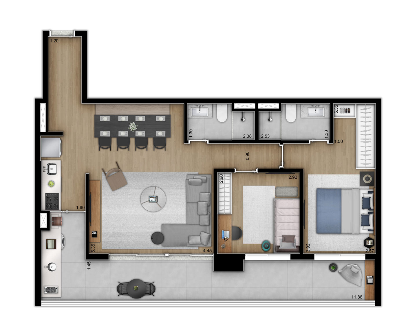 Planta tipo apartamento 94m² - 2 Dormitórios - 1 Suíte - 2 vagas - Trends Brooklin