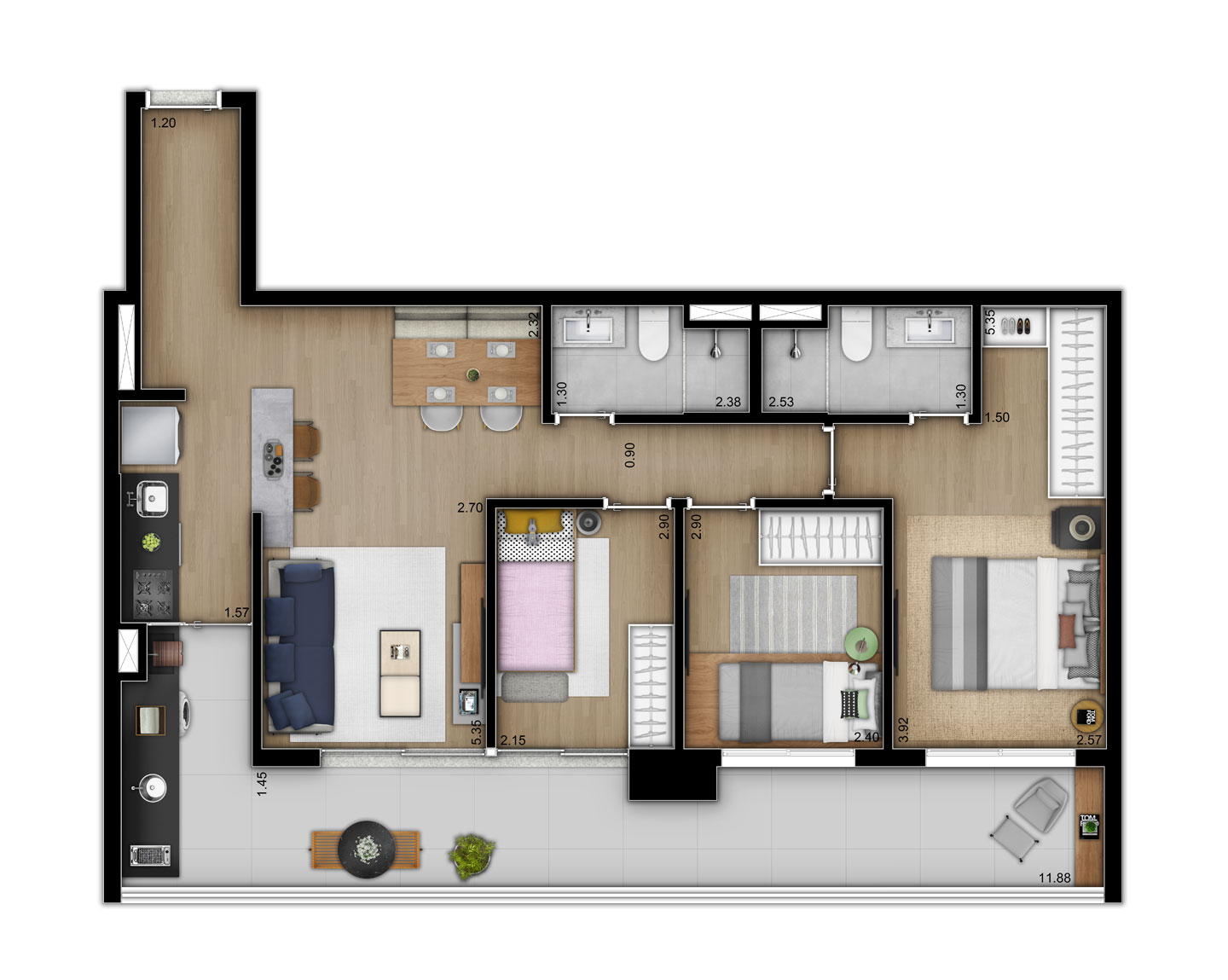 Planta tipo apartamento 94m² - 3 Dormitórios - 1 Suíte - 2 vagas - Trends Brooklin