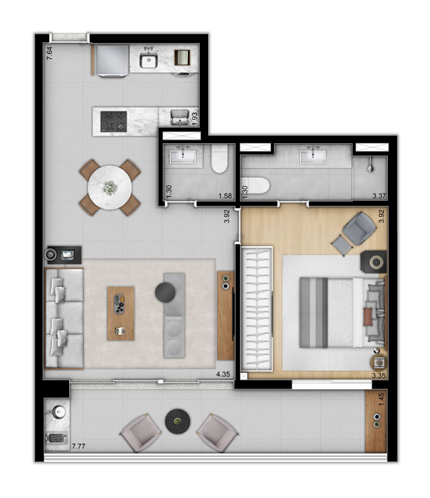 Planta tipo apartamento 68m² - 2 Dormitórios - Suíte ampliada- 1 vaga - Trends Brooklin