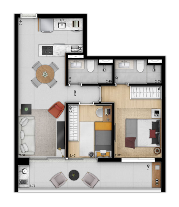 Planta tipo apartamento 68m² - 2 Dormitórios - Suíte - 1 vaga - Trends Brooklin